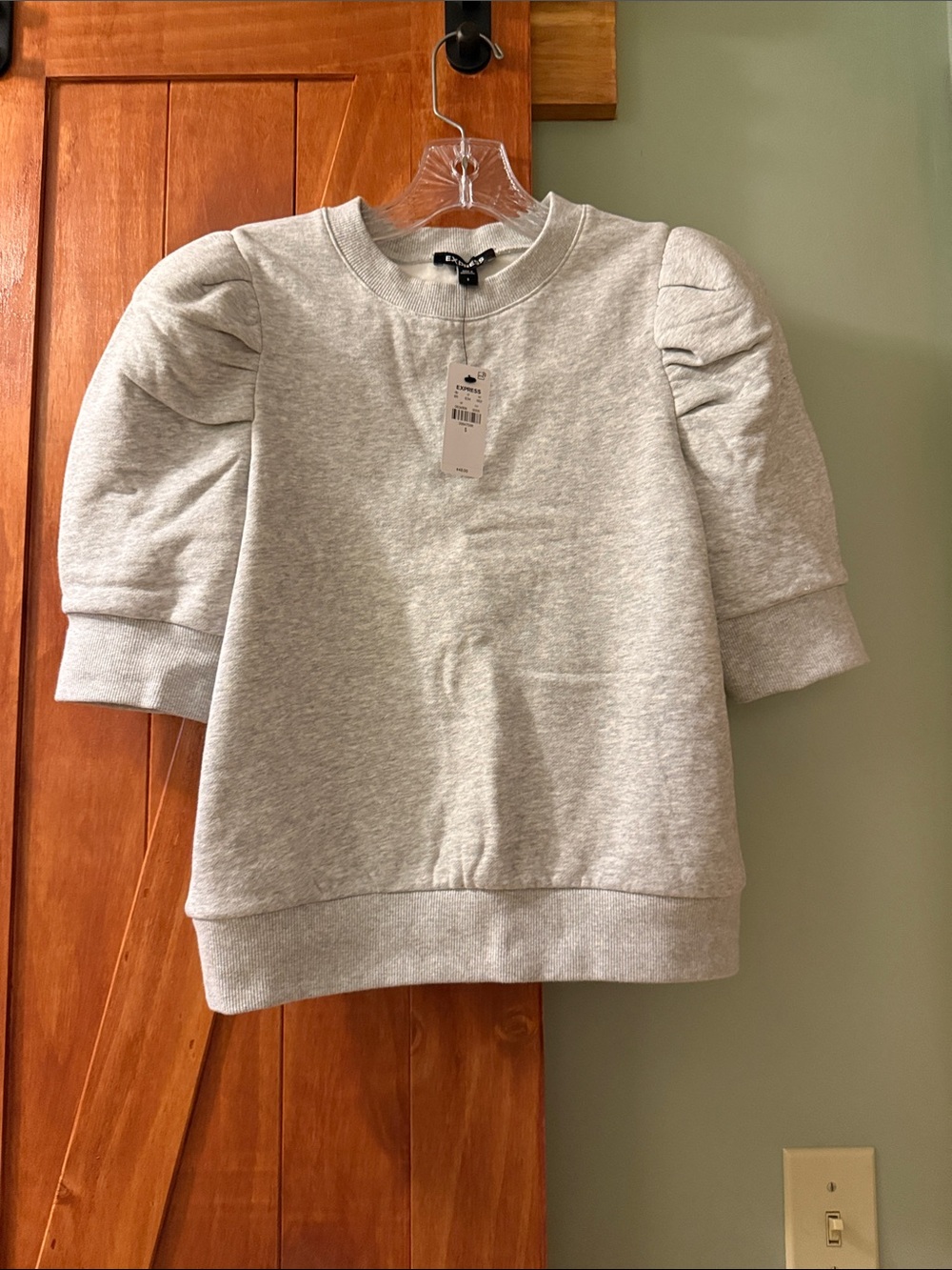 Express Light Gray Puff-Sleeve Crewneck Sweatshirt